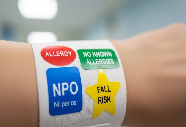 Medical stickers on a patient wristband
