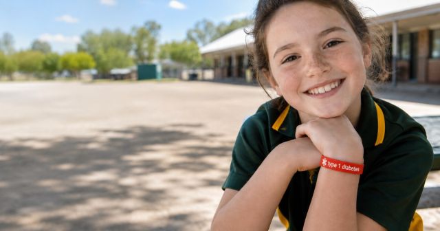 Australian school child wearing a silicone medical alert bracelet for kids