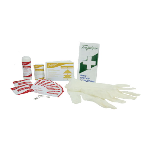 The Trafalgar Personal First Aid Kit contents laid out: wound dressing, conforming bandage, boxed triangular bandage, a basic first aid instruction booklet, wound wipes, a fan of adhesive strips, safety pins and latex gloves