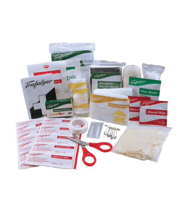 Trafalgar Go Anywhere kit contents laid out: emergency thermal blanket, CPR face shield, waterproof matches, triangular bandage, crepe bandage, eye pad, wound wipes, adhesive strips, scissors, safety pins, splinter probes, paper tape and gloves