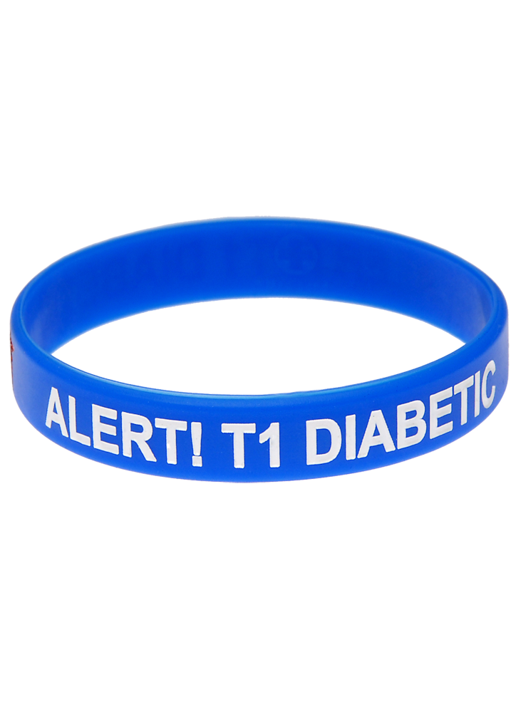 Blue silicone Mediband wristband with a raised white type 1 diabetes alert, photographed at an angle