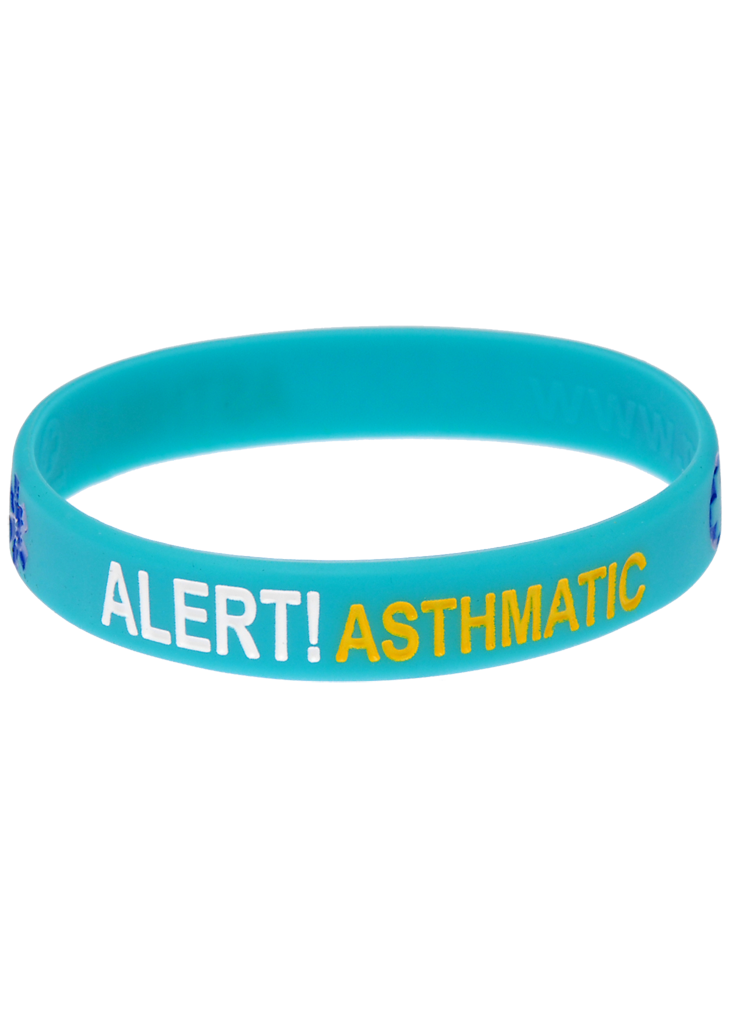 Turquoise silicone Mediband wristband with ALERT! in white and ASTHMATIC in yellow raised lettering