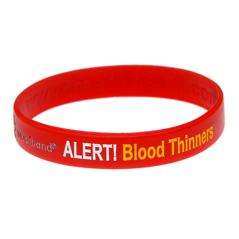 Red silicone medical alert bracelet with colour-filled ALERT Blood Thinners text