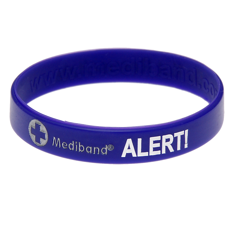 Purple silicone medical alert bracelet with Mediband logo and ALERT text