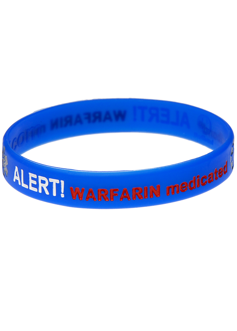 Blue silicone medical alert bracelet with colour-filled warfarin text