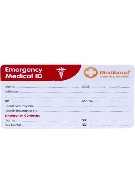 Emergency Medical ID wallet card with blank fields for name, contacts and doctor details