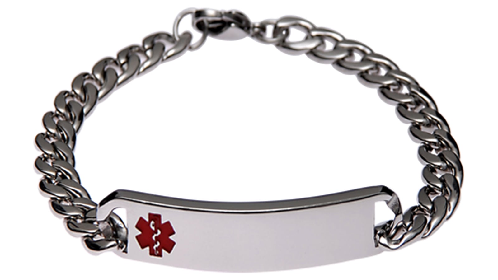 Stainless steel curb-chain medical alert bracelet with a lobster clasp and a polished blank ID plate carrying a red enamel Star of Life symbol