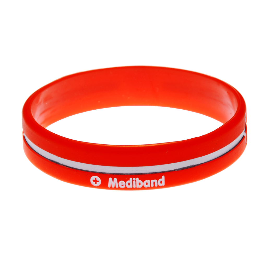 Bright orange-red reversible Mediband silicone band with a white stripe and the Mediband medical cross on the outer face