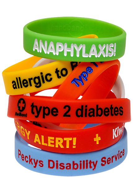 Mediband Custom-engraved silicone bracelet — soft silicone strap engraved to order with conditions, medications and contacts for pharmacist-recommended use