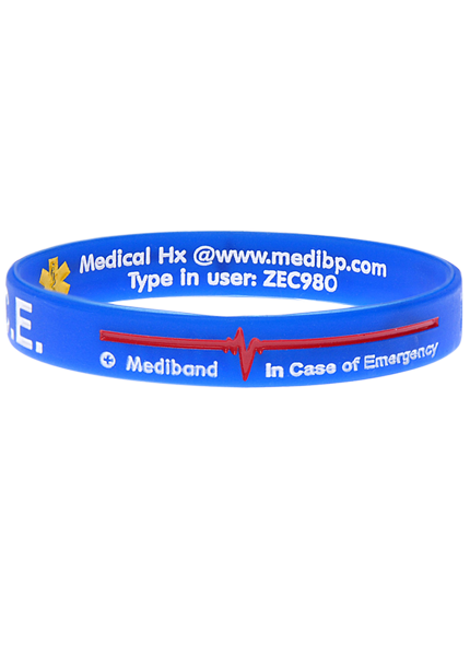 Blue reversible Mediband silicone band showing In Case of Emergency and the Mediband mark with a red ECG line on the outer face, and a customer's own engraved text visible on the inner face