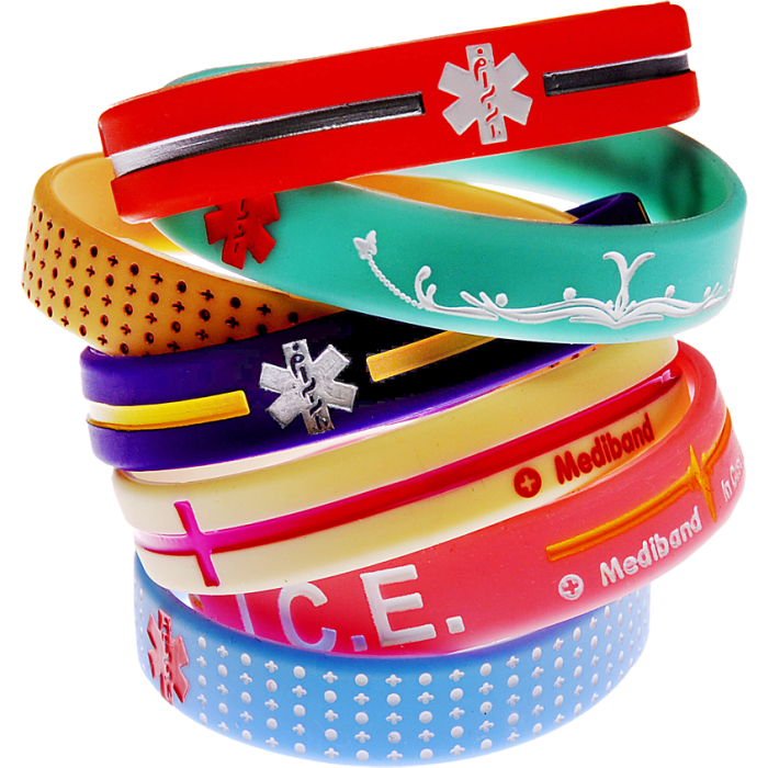 Bright reversible silicone medical alert bracelet bundle with custom engraving by Mediband.