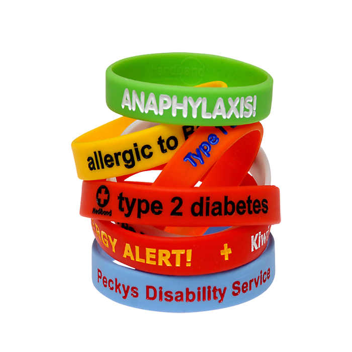 Bold alert medical ID bracelet by Mediband showing engraved silicone band in black for everyday wear.