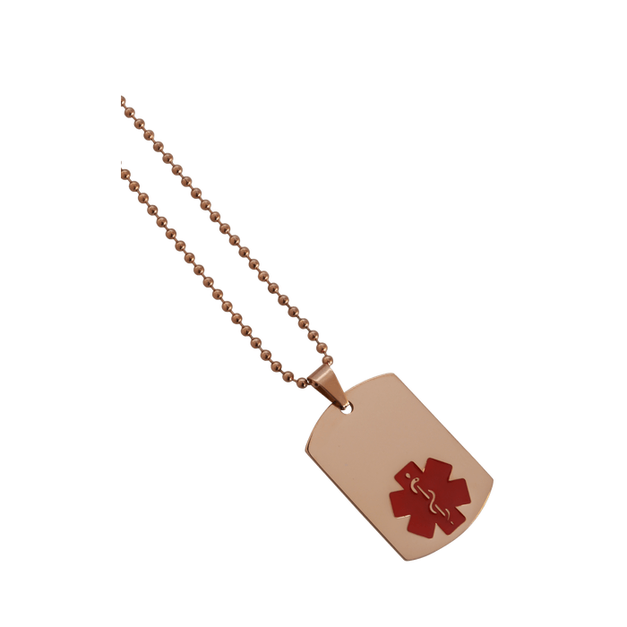 Rose Gold Dog Tag Medical Alert Jewellery with red enamel infill