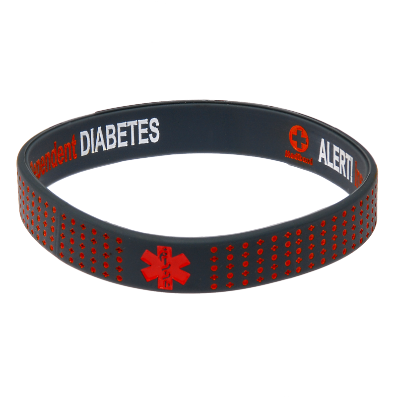 Dark grey reversible Mediband wristband showing the red dot pattern and red Star of Life on the outer face, with the insulin dependent diabetes alert wording visible on the inner face