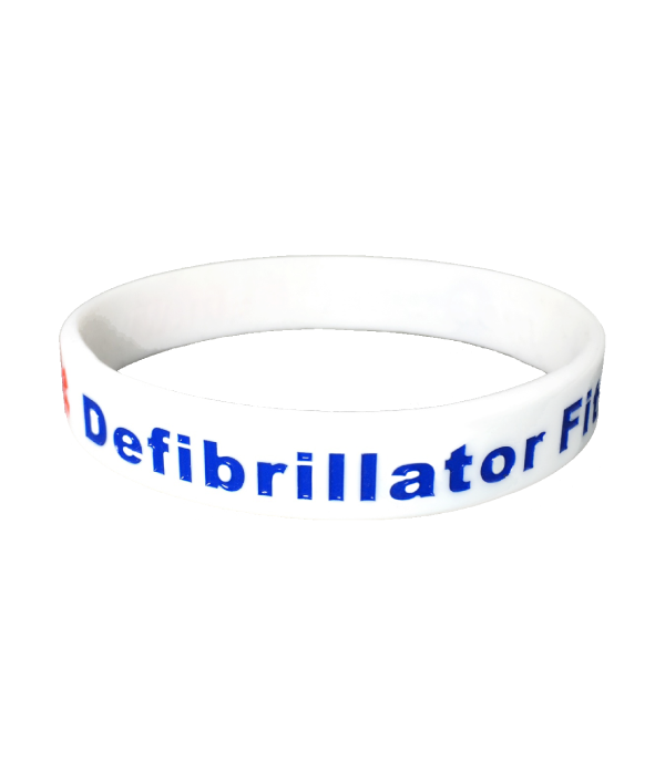 White silicone Mediband wristband with ALERT! and Defibrillator fitted in raised blue lettering