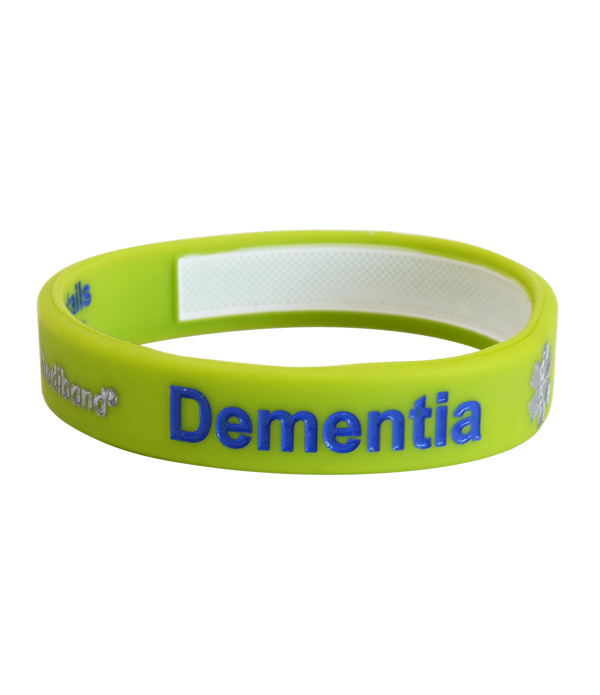 Mediband Dementia Alert write-on bracelet W2677 — high-visibility neon green band flagging dementia and carrying name and carer contact