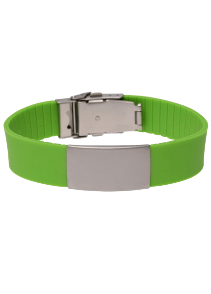 Mediband Active hybrid medical ID &mdash; engraved stainless steel plate on a silicone strap, watch-like profile for high-school daily wear