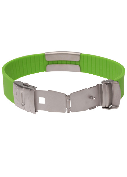Green ribbed silicone Active X medical alert band with a hinged stainless steel deployant clasp and a plain engraved steel plate seated on the band