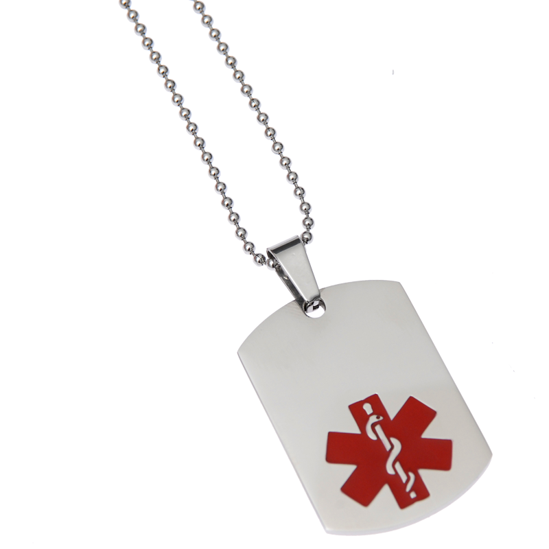 Brushed stainless steel medical alert dog tag with a red enamel Star of Life symbol, hanging on a stainless steel ball chain