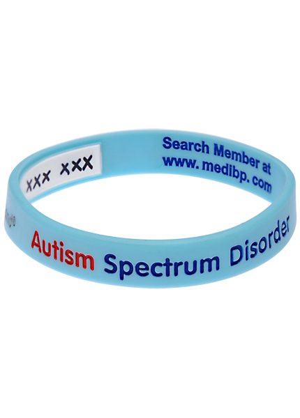 Mediband Autism Reversible Write-On Bracelet W2668 &mdash; aqua silicone with Autism Spectrum Disorder pre-print and write-on strip for student name, class and carer contact