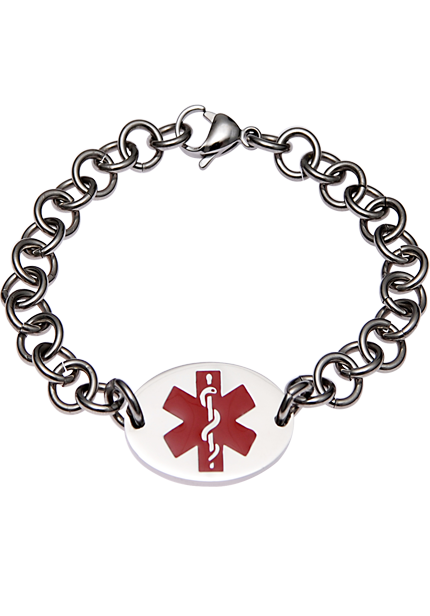 Mediband Custom stainless steel medical ID bracelet &mdash; engraved stainless plate, watch-like profile suitable for everyday and dress wear