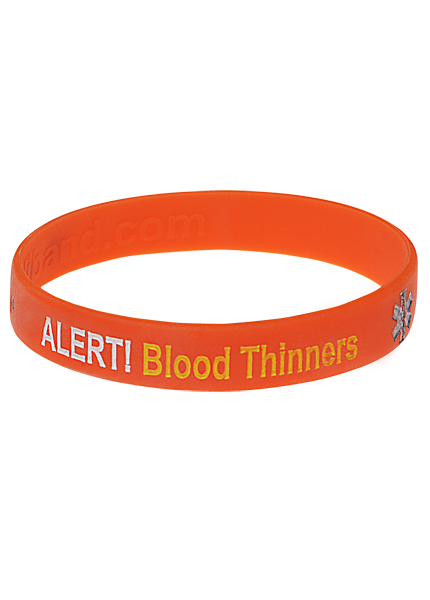 Mediband Blood Thinners High Risk of Bleeding pre-printed silicone bracelet B1792 — orange write-on band flagging anticoagulant use to first responders