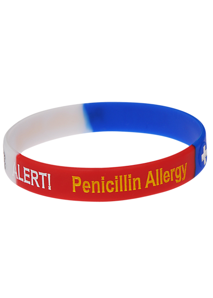 Mediband Penicillin Allergy pre-printed silicone bracelet B0777 &mdash; red, white and blue band carrying the penicillin allergy flag for school staff and first-responders