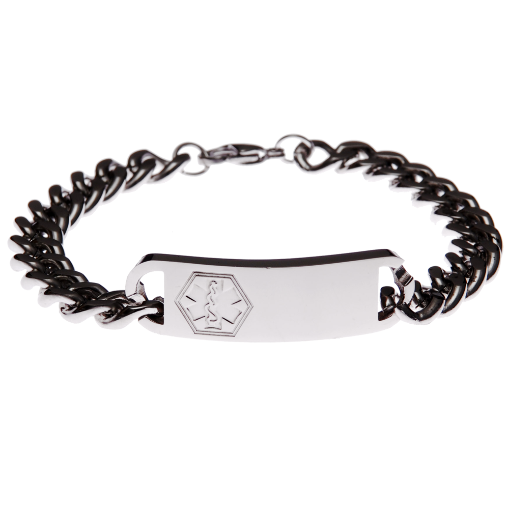 Engraved stainless steel medical alert bracelet flagging anaphylaxis and adrenaline
