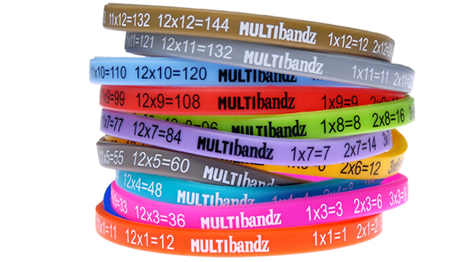 Multibandz times table wristbands stacked in twelve colours, each printed with a different multiplication table