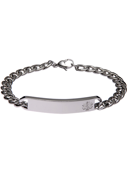 Slim engraved stainless steel medical ID bracelet showing personalised engraving