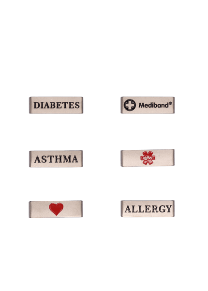 Six interchangeable Active X metal badges arranged in two columns: DIABETES, the Mediband logo, ASTHMA, a red Star of Life, a red heart and ALLERGY