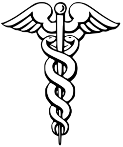 The Caduceus symbol — two snakes and wings, often mistakenly used as a medical emergency symbol