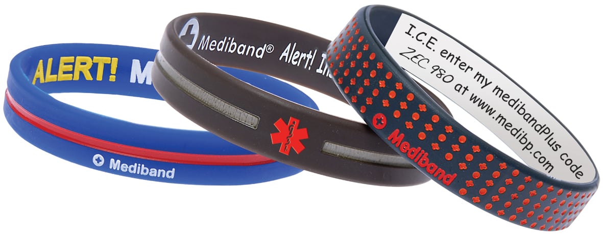 Three Mediband medical alert bracelets for travel — silicone ID wristbands for Australian travellers