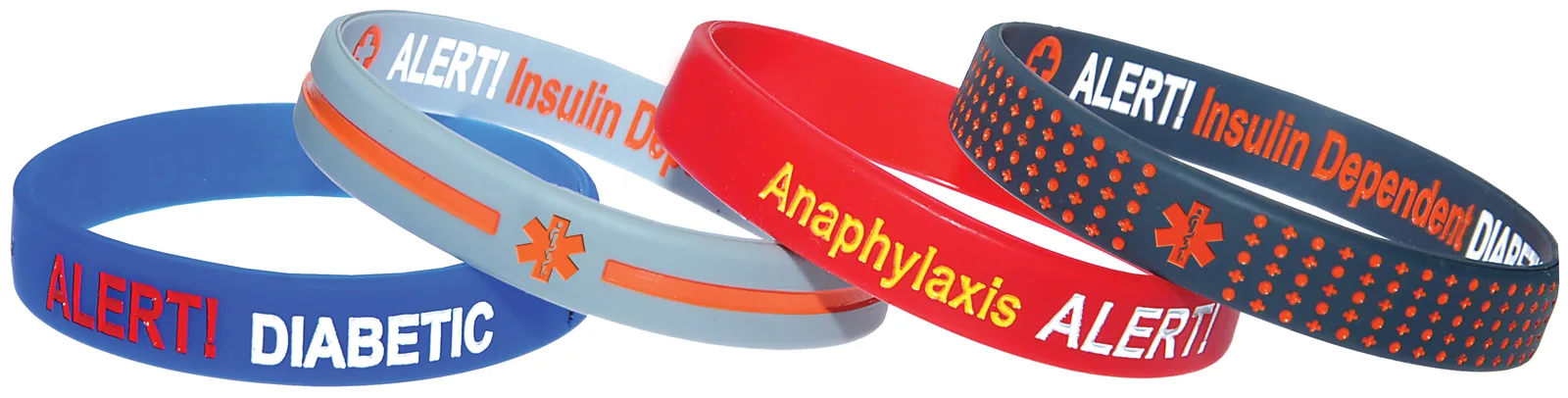 Mediband medical alert bracelets for various conditions — silicone wristbands showing medical information