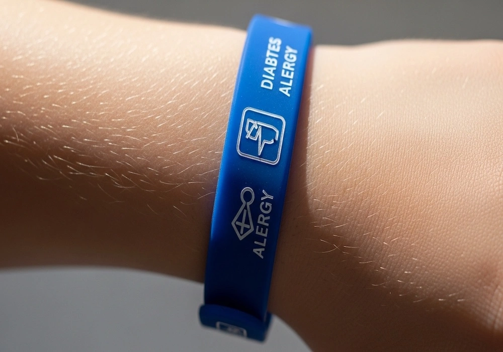 Child wearing a silicone medical ID bracelet
