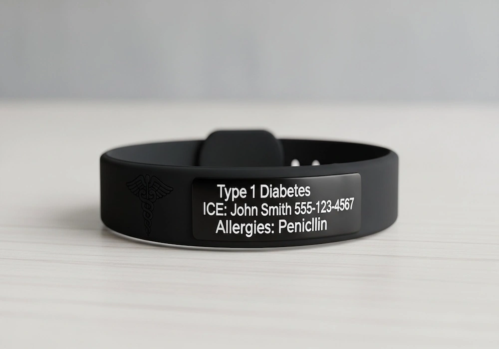 Medical ID bracelet with engraved text 