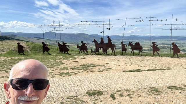 Ron at the Alto del Perdon pilgrim monument on the Camino de Santiago, wearing his Mediband medical alert bracelet