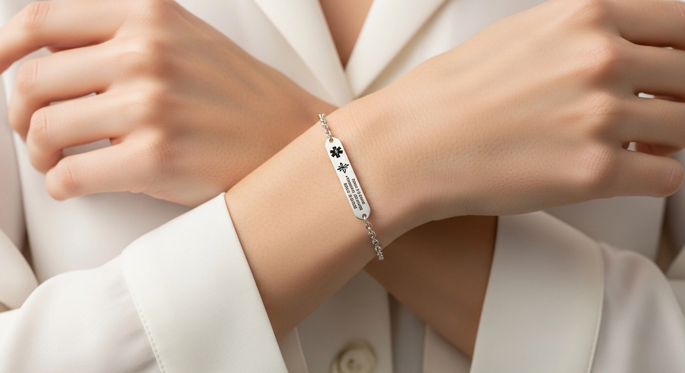 woman wearing medical alert bracelet with engraved plate on wrist