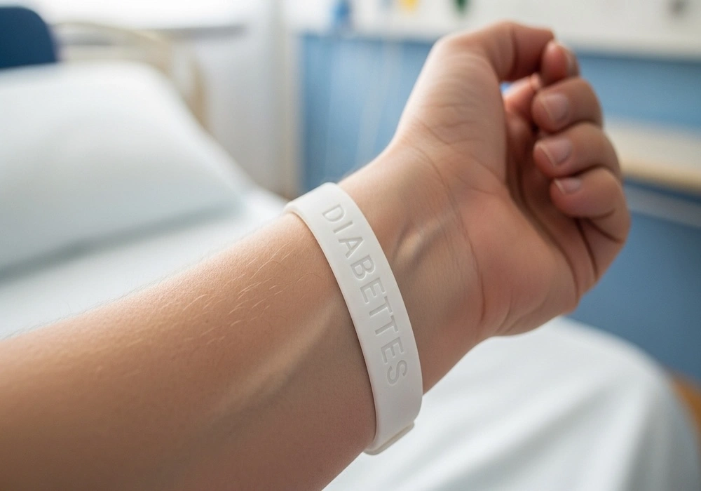 Person wearing a diabetic silicone medical alert wristband — diabetes management Australia