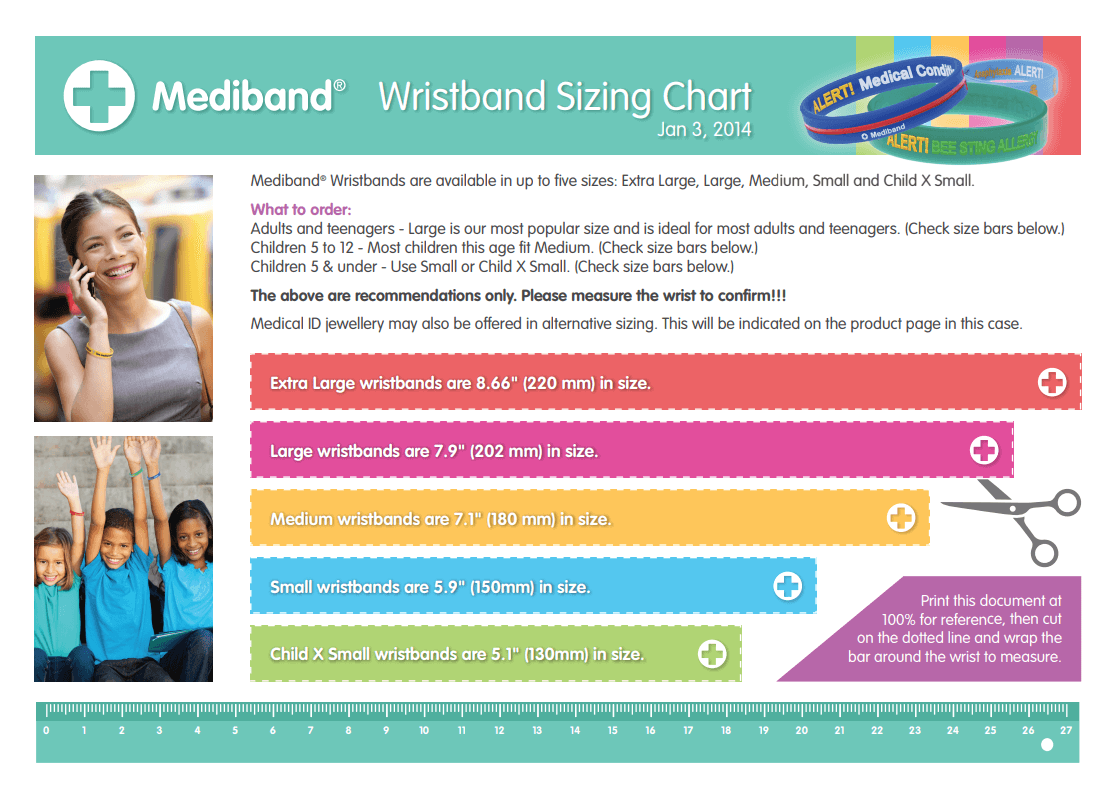 Mediband medical ID wristband size chart