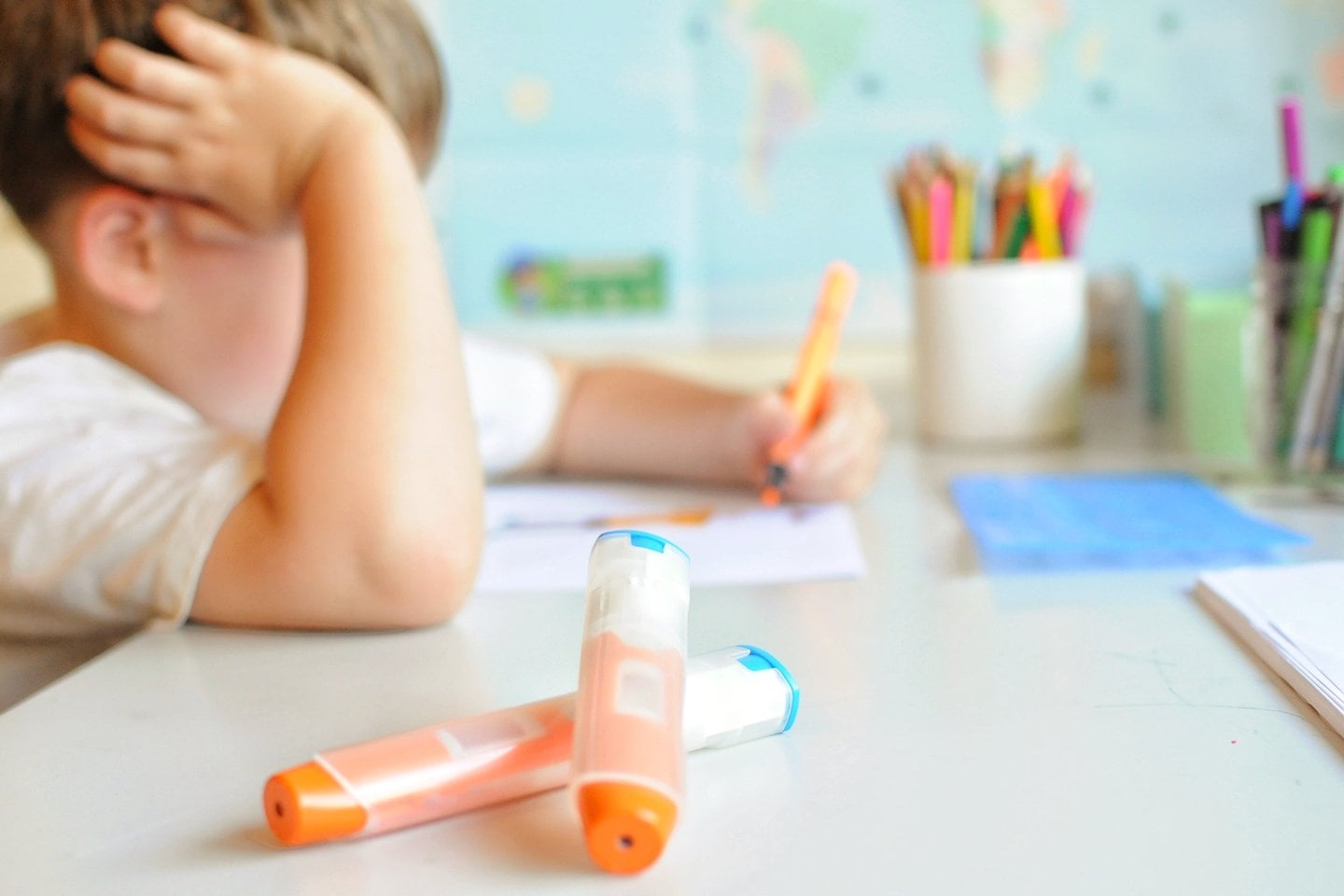 Child at school with auto-injector — Mediband anaphylaxis customer
