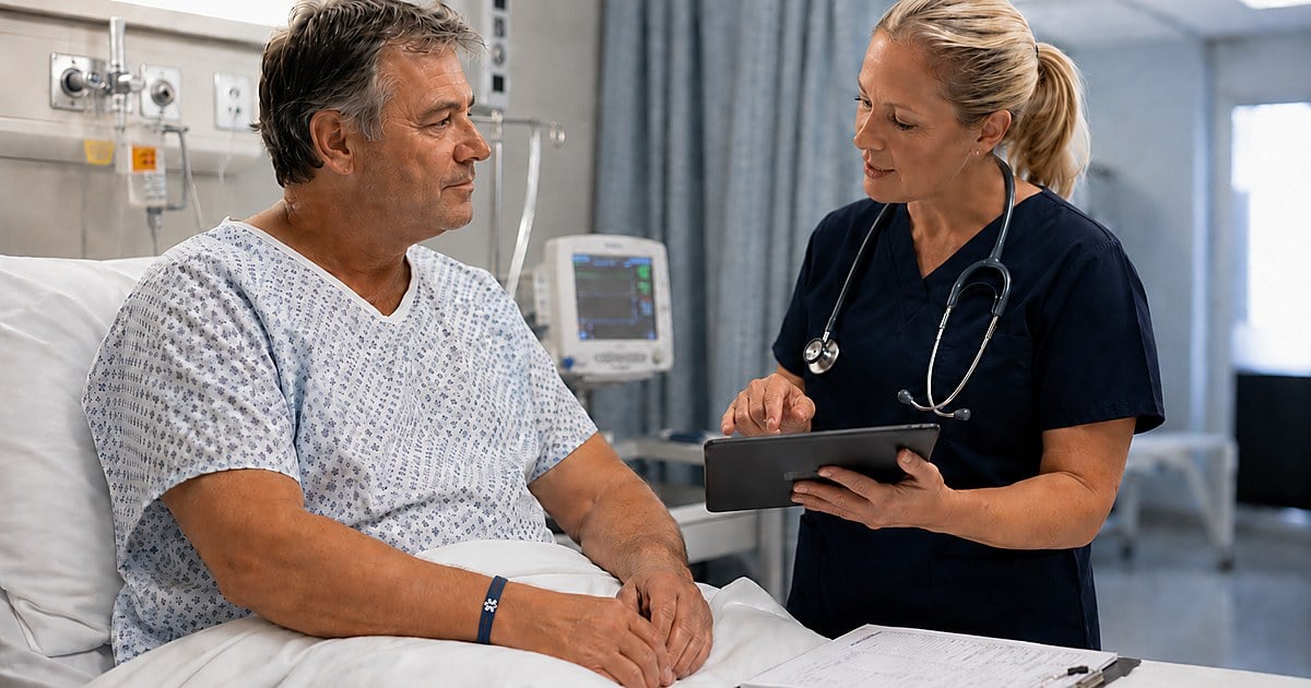 Pre-operative consult — an anaesthetist reviews the GLP-1 medication name and last-dose date with a patient on a hospital bed before induction