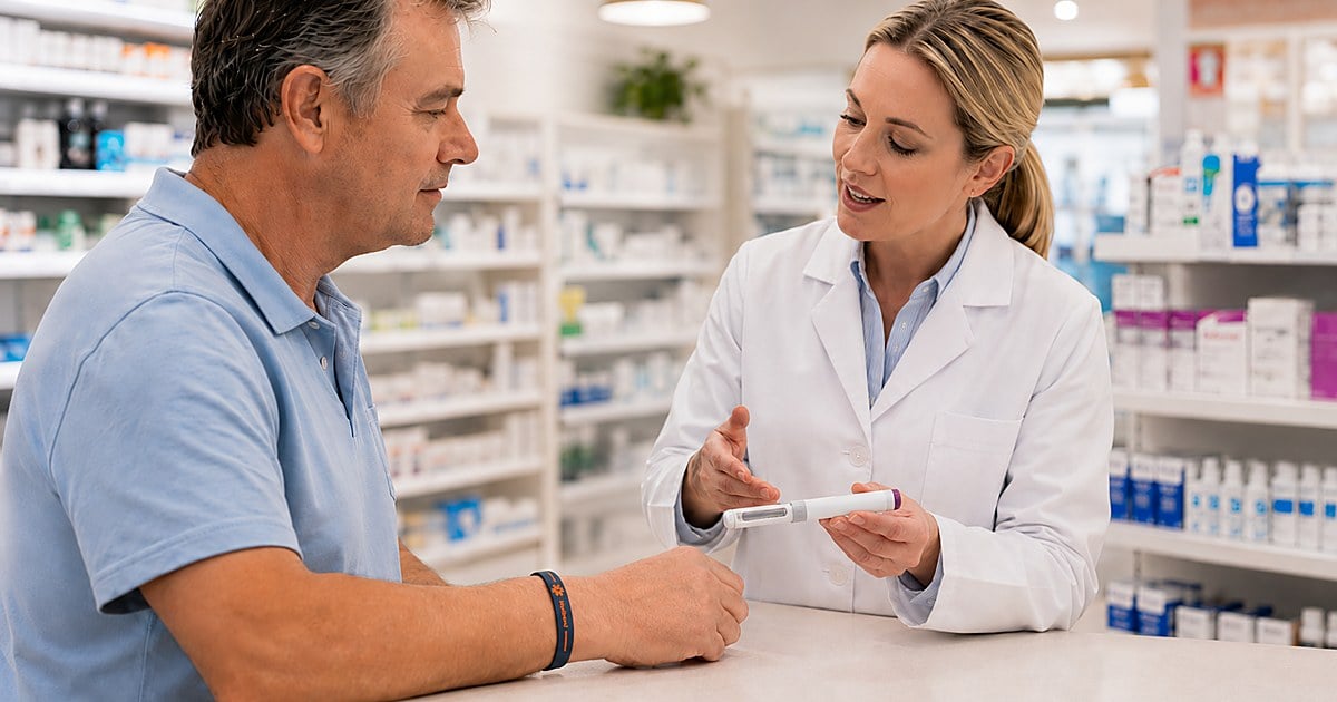 An Australian community pharmacist counsels a customer on a GLP-1 injection pen at the dispensing counter — a natural moment to flag a medical ID