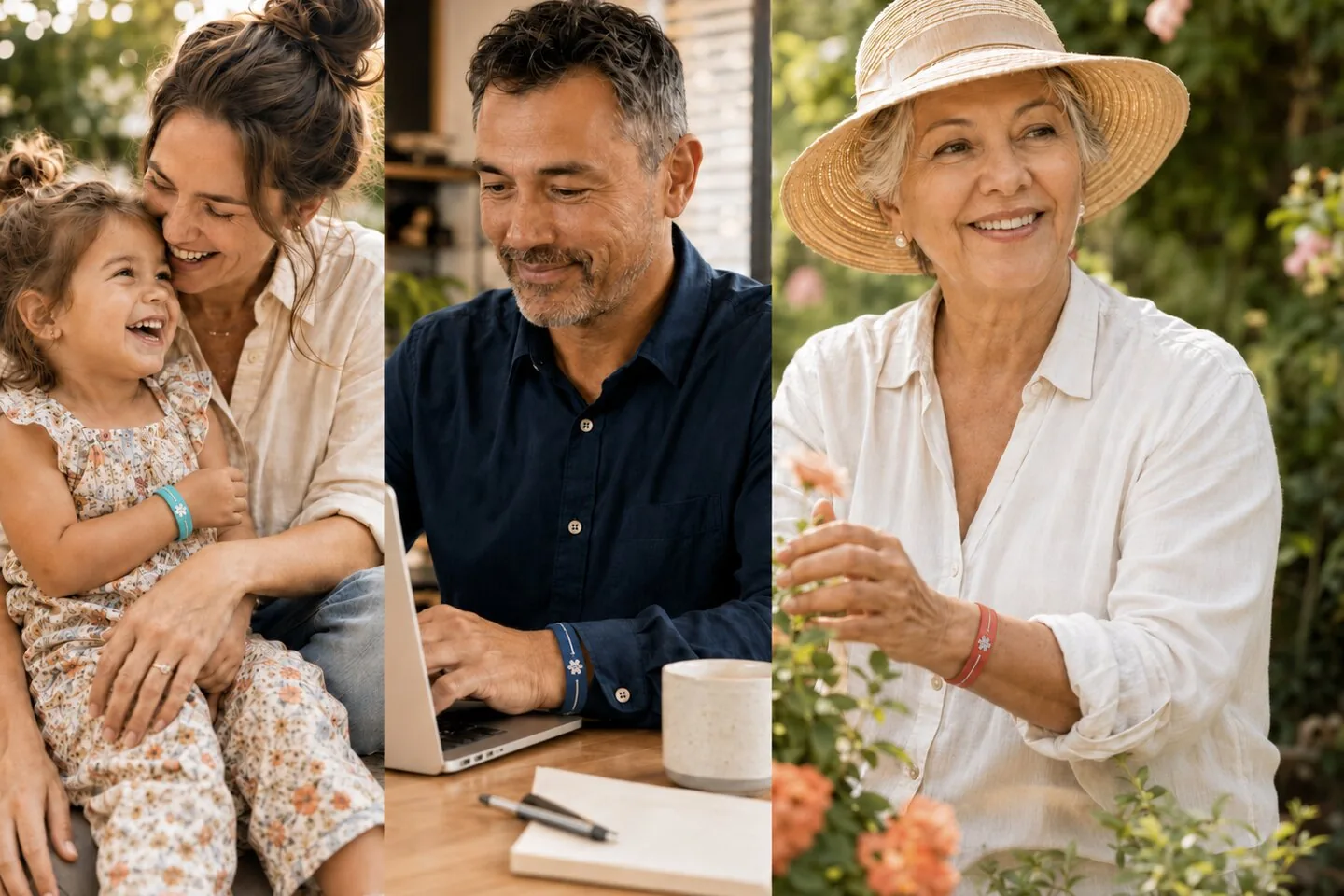 Three Mediband customers — a mother and child, a man at his desk, and a woman in her garden — each wearing a Mediband