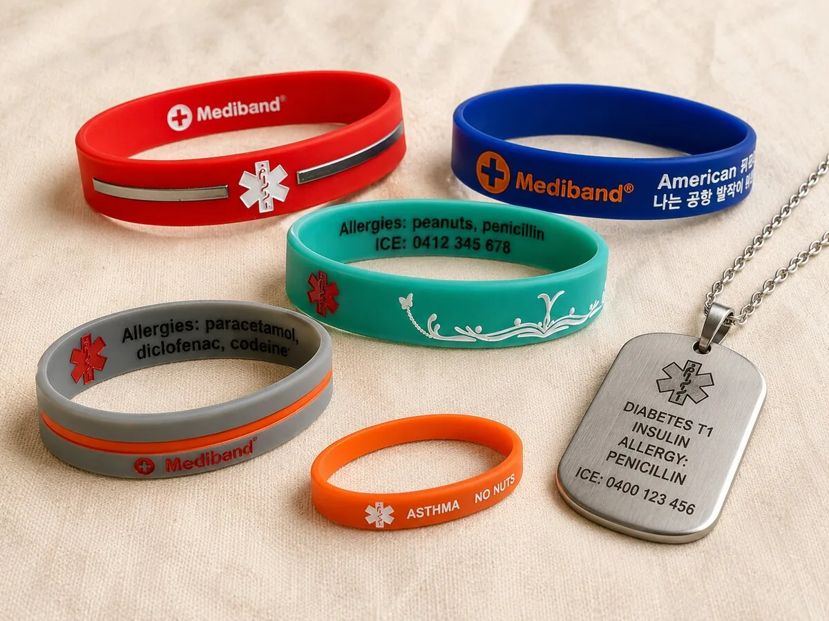 A selection of Mediband silicone wristbands and stainless steel pendants laid out on cream linen