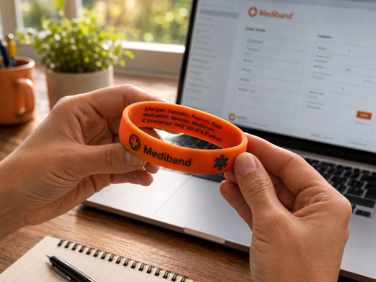 Hands holding an orange Mediband while the engraving form is open on a laptop in the background