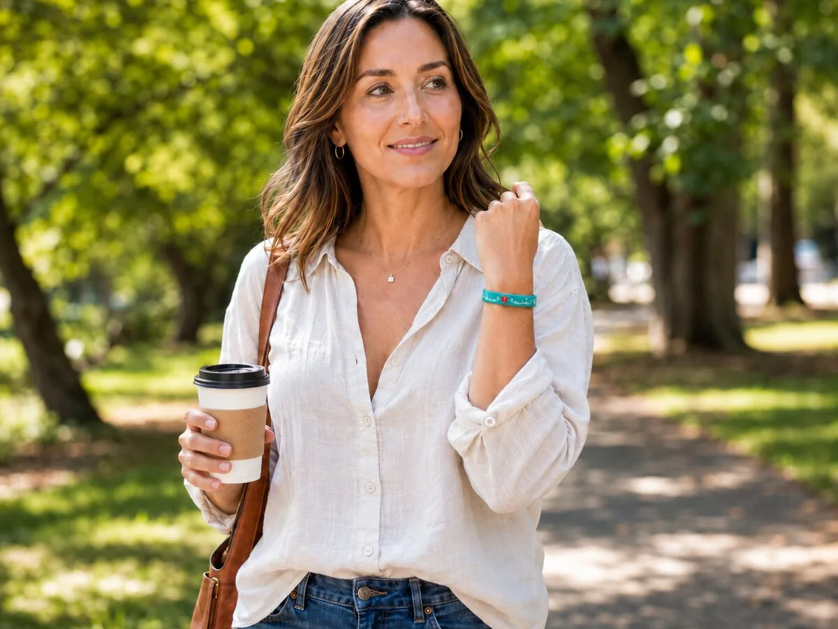 A woman walking through a sunlit park wearing a turquoise Mediband on her wrist