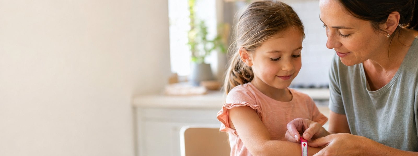 Parent helping a child put on a write-on medical ID bracelet