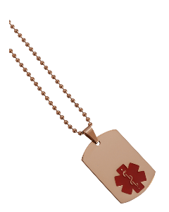 Rose Gold Dog Tag Medical Alert Jewellery with red enamel infill