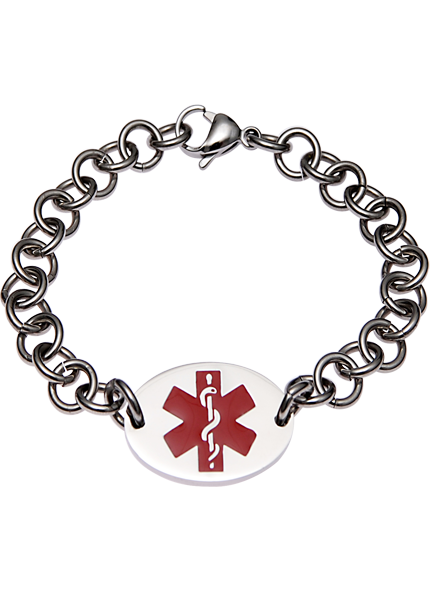 Mediband Custom stainless steel medical ID bracelet &mdash; engraved stainless plate, subtle watch-like profile for professional and dress wear